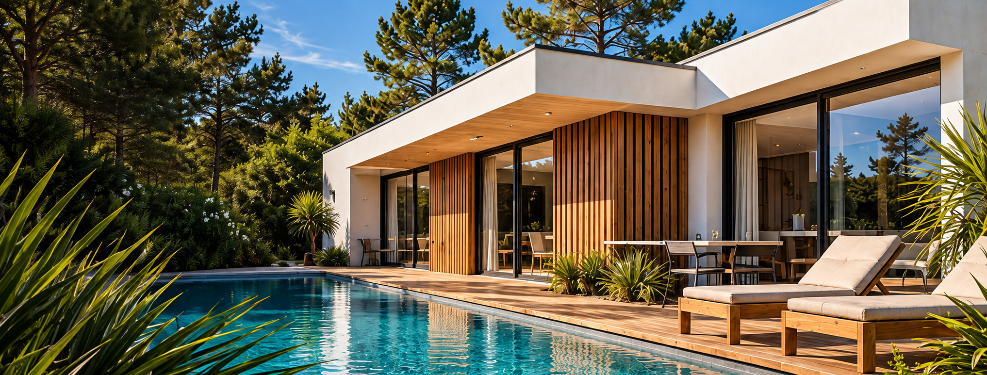 Maison contemporaine avec bardage bois, terrasse et piscine, dans un environnement de pins