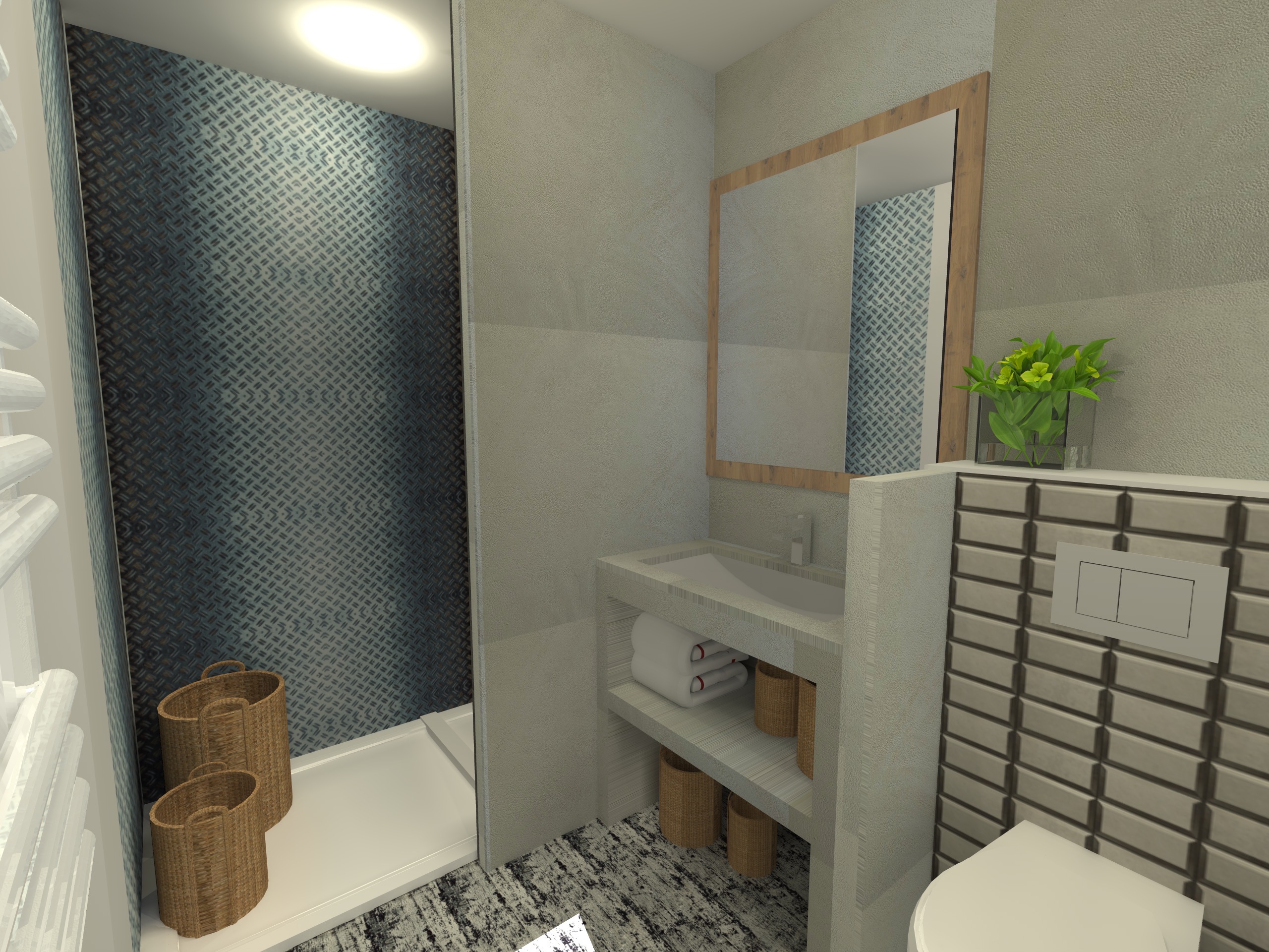 Aménagement de salle de bains avec douche, vasque et miroir encadré de bois